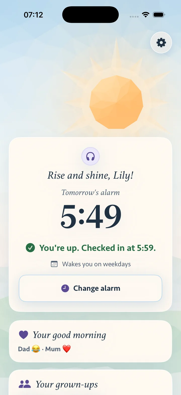 Lilys Athena: «Opp og hopp, Lily!», morgendagens alarm kl. 5:49 og «Du er oppe. Sjekket inn kl. 5:59.»