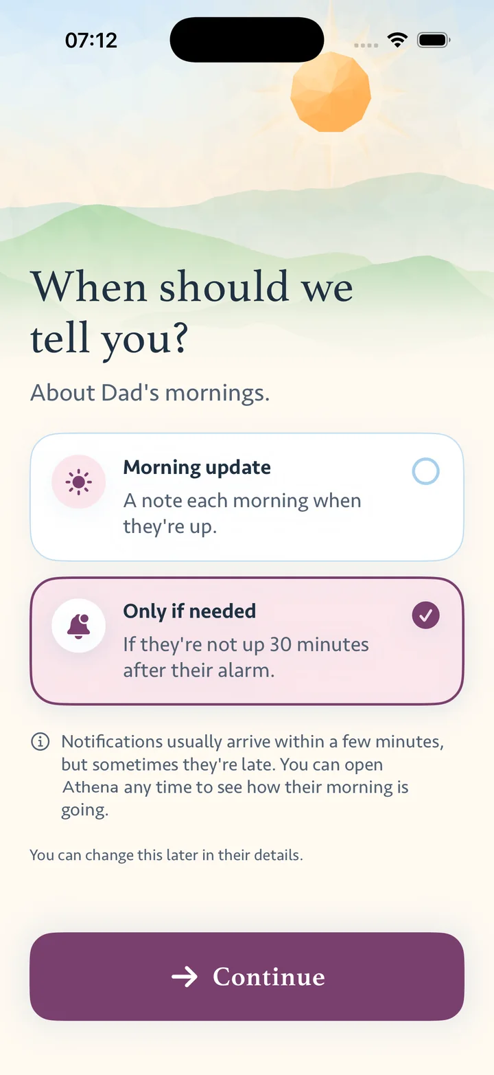 «Når skal vi si fra? Om morgenene til Pappa.» To valg: Morgenoppdatering, eller Bare hvis det trengs, som er valgt.