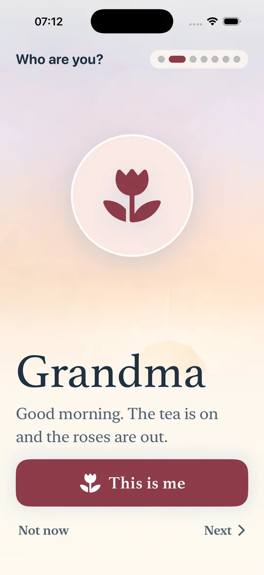 «Hvem er du?» Bestemor, med en rose: «God morgen. Tevannet er satt på, og rosene står i blomst.»