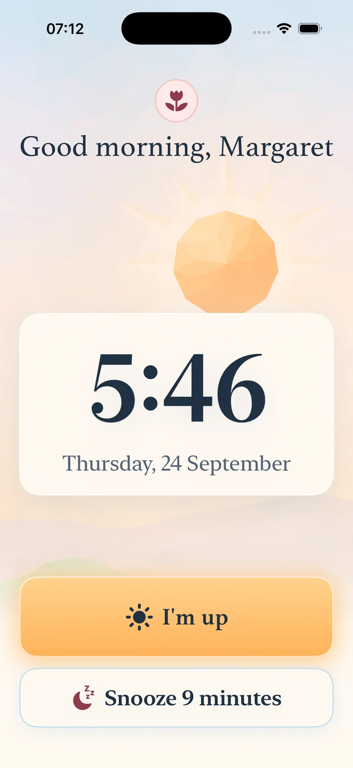 Athena ringer: «God morgen, Margaret», 5:46 og en stor «Jeg er oppe»-knapp.