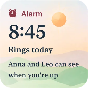 Liten widget: Alarm 8:45, ringer i dag.